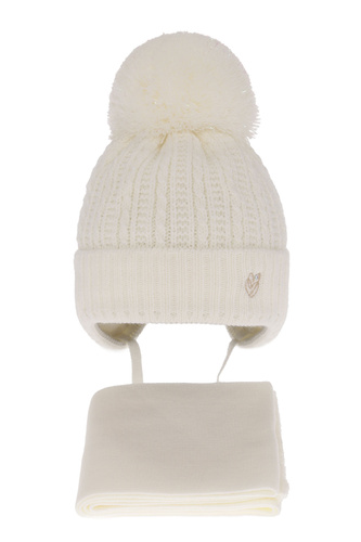 Flicka vinter set: mössa och halsduk, krem, med knytband, med pompom, Marisa