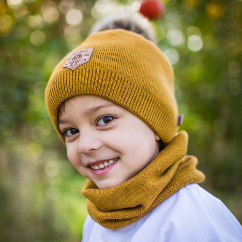 Pojke vinter set: mössa och tubhalsduk, orange, med pompom, Apolin