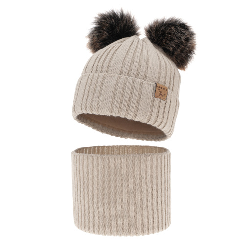 Pojke vinter set: mössa och tubhalsduk, beige, med två pompommar, Bilard