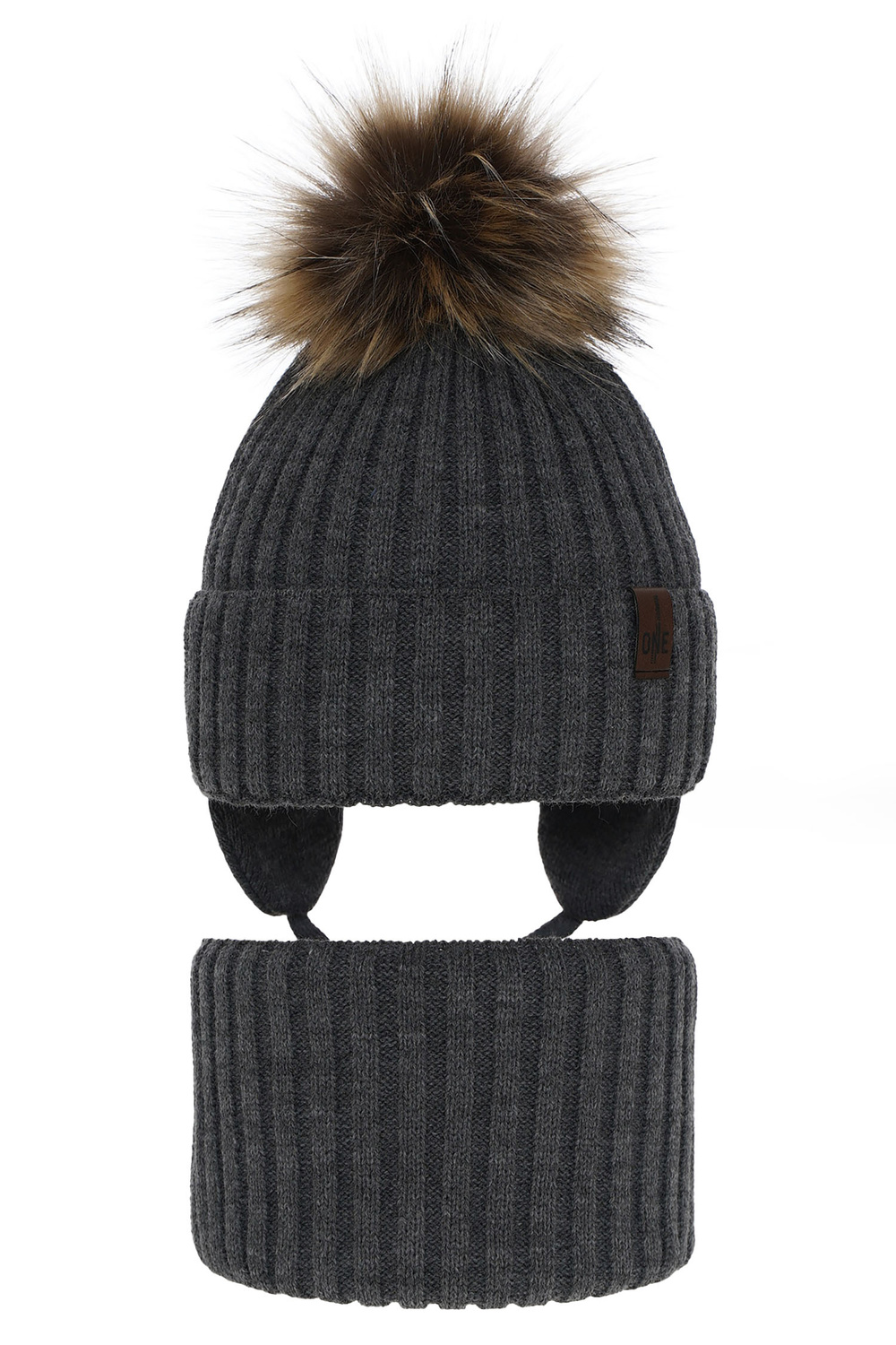Pojke vinter set: mössa och tubhalsduk, mörkgrå, med pompom, Puzel