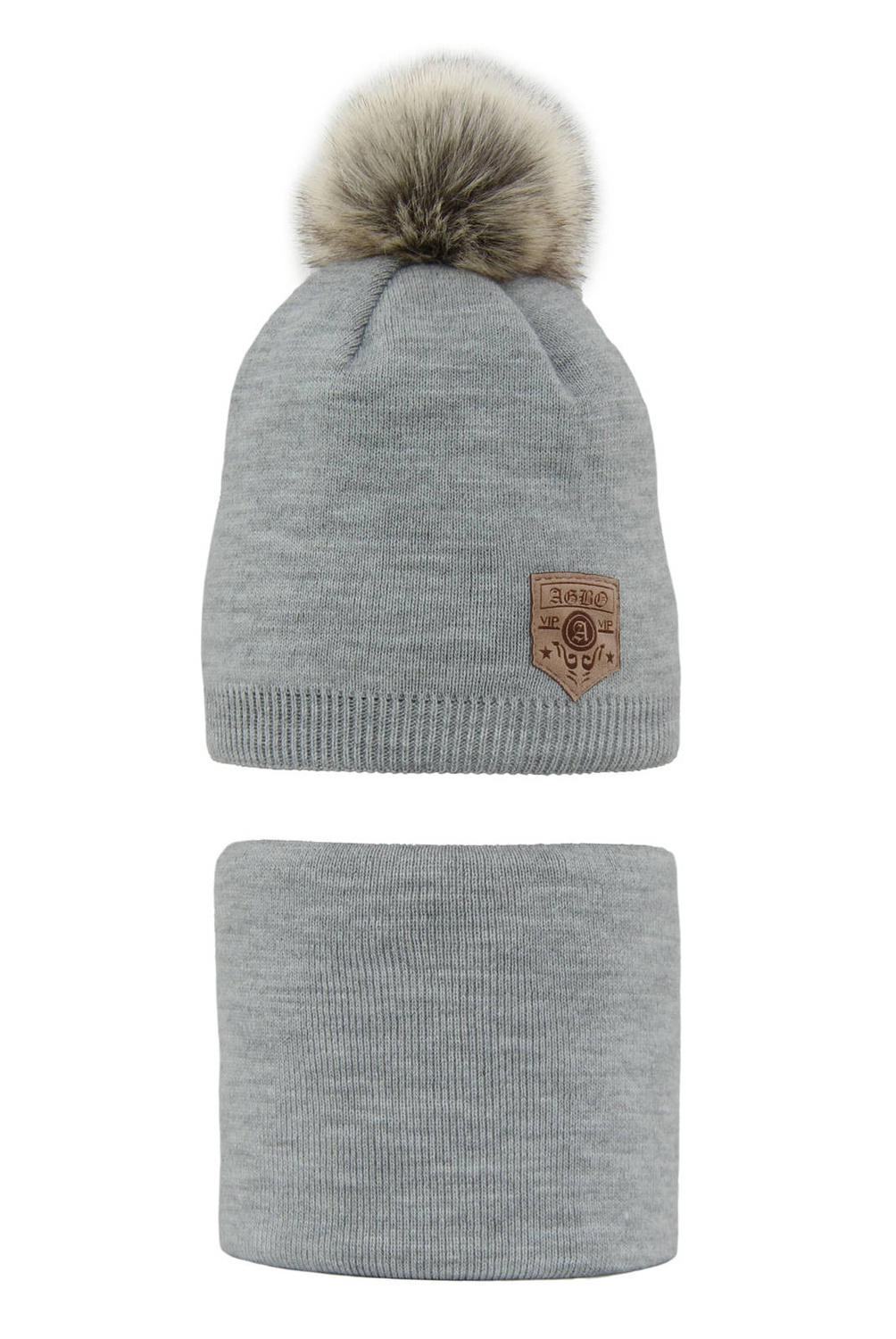 Pojke vinter set: mössa och tubhalsduk, grå, med pompom, Apolin