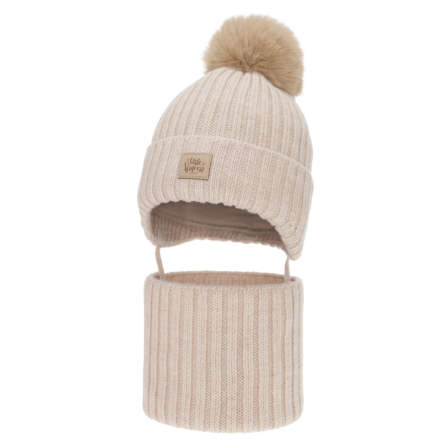 Flicka vinter set: mössa och tubhalsduk, beige, 100% Merino Ull, med knytband, fodrad med bomull, Malesia