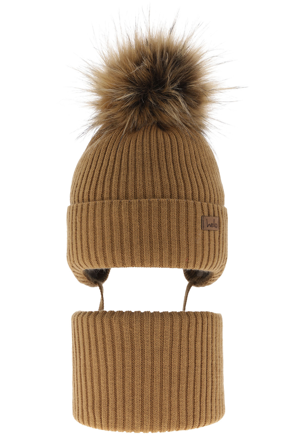 Pojke vinter set: mössa och halsduk, camel, med knytband, med pompom, Bergo