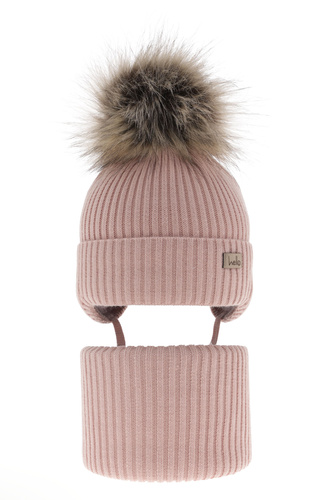 Flicka vinter set: mössa och halsduk, rosa, med knytband, Bria