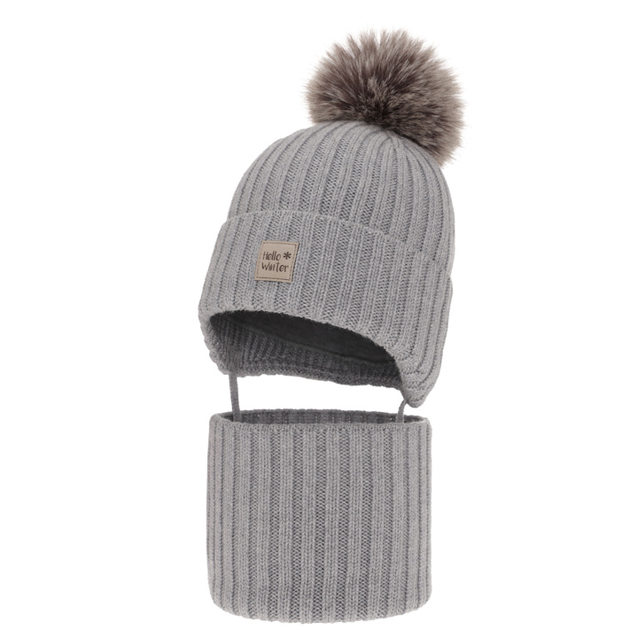 Pojke vinter set: mössa och tubhalsduk, grå, 100% Merino Ull, fodrad med ullfleece, Morti