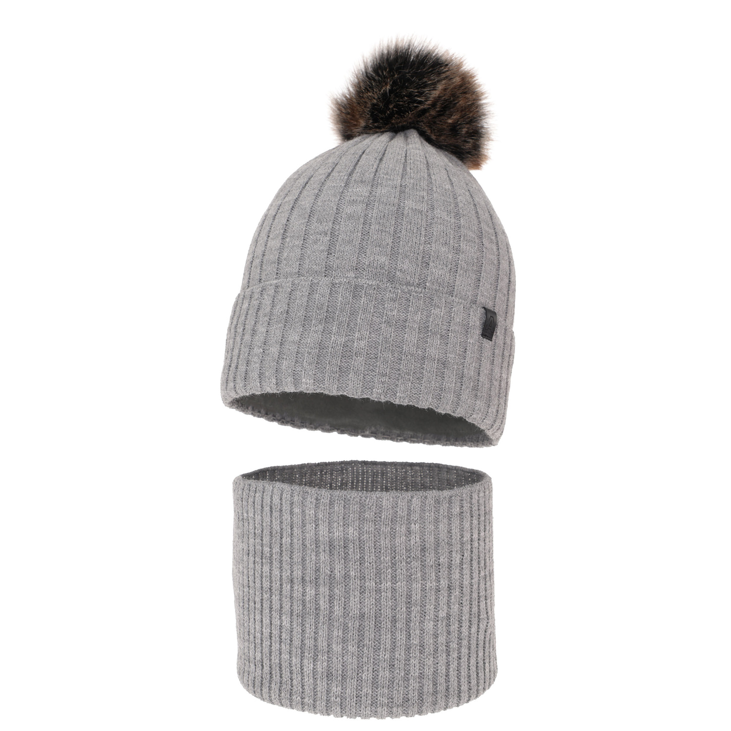 Pojke vinter set: mössa och tubhalsduk, ljusgrå, med pompom, Relax