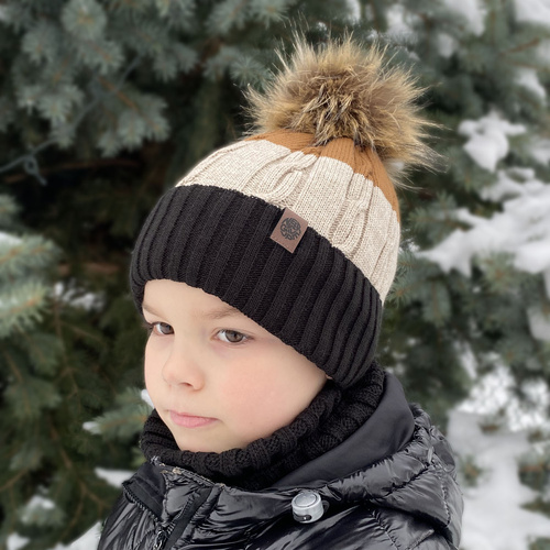 Pojke vinter set: mössa och tubhalsduk, blå, med pompom, Karmel
