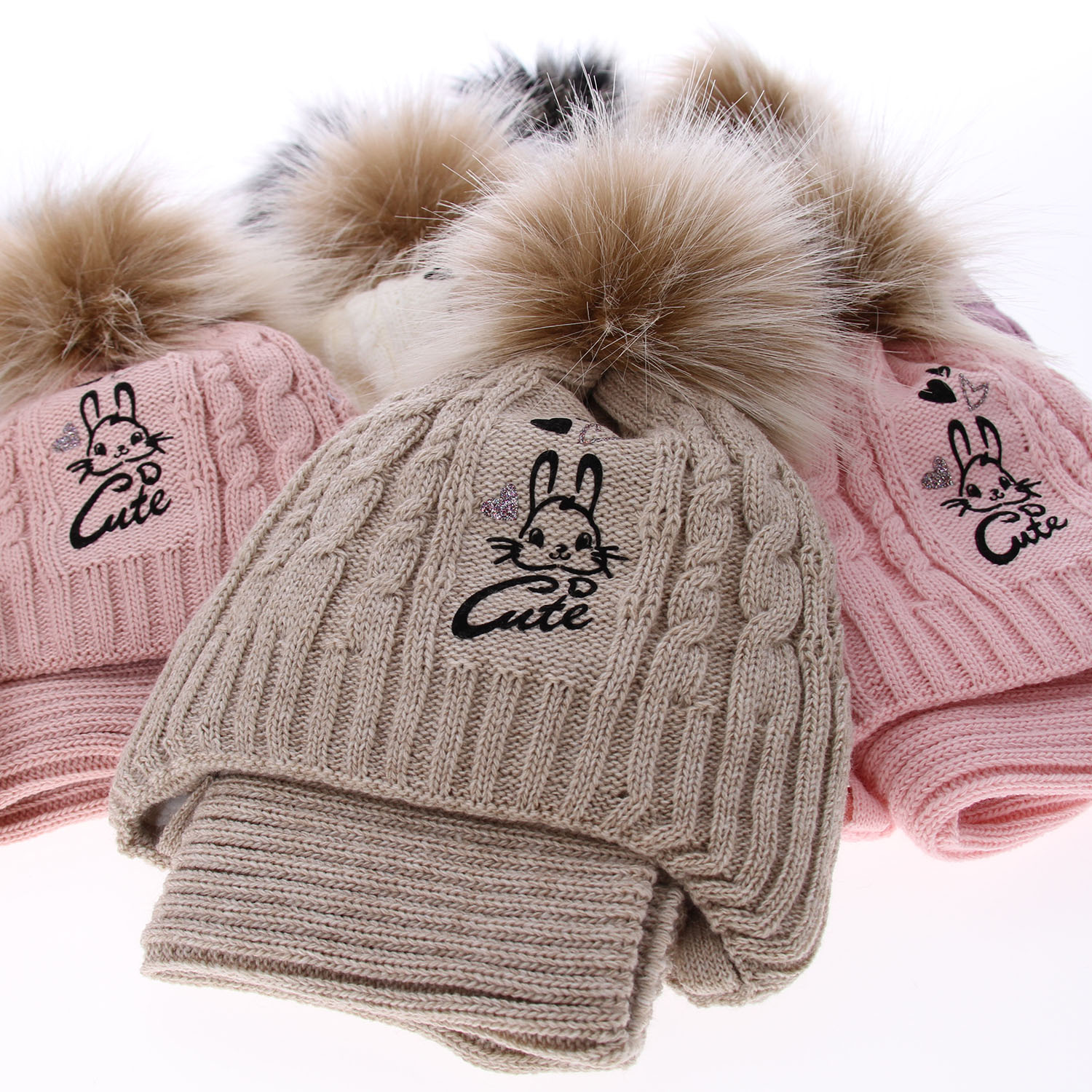 Flicka vinter set: mössa och tubhalsduk, grå, med pompom, Treccia