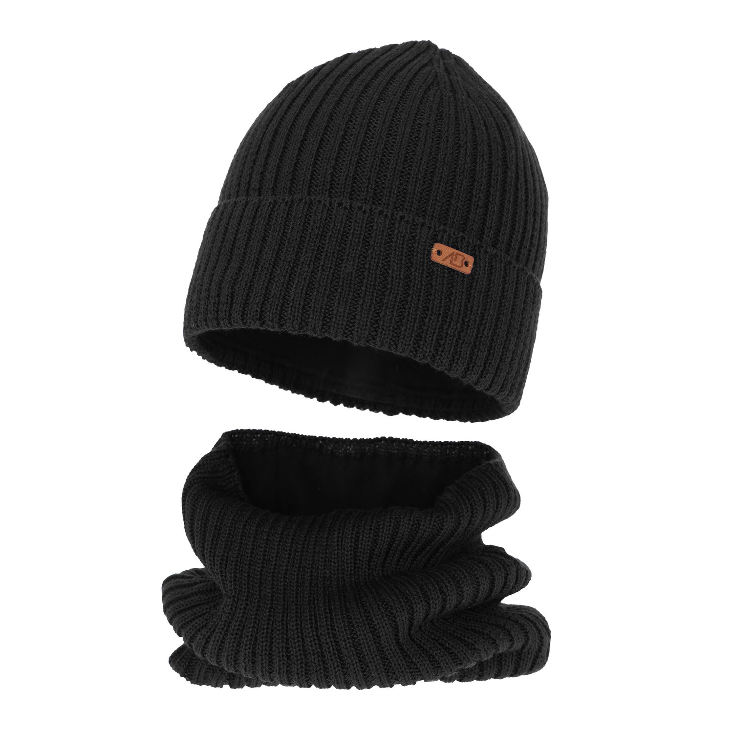 Pojke vinter set: mössa och tubhalsduk, svart, fodrad med fleece, med merinull, Palermo