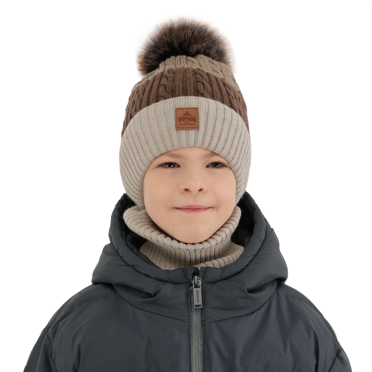 Pojke vinter set: mössa och halsduk, grå, med pompom, Luxor