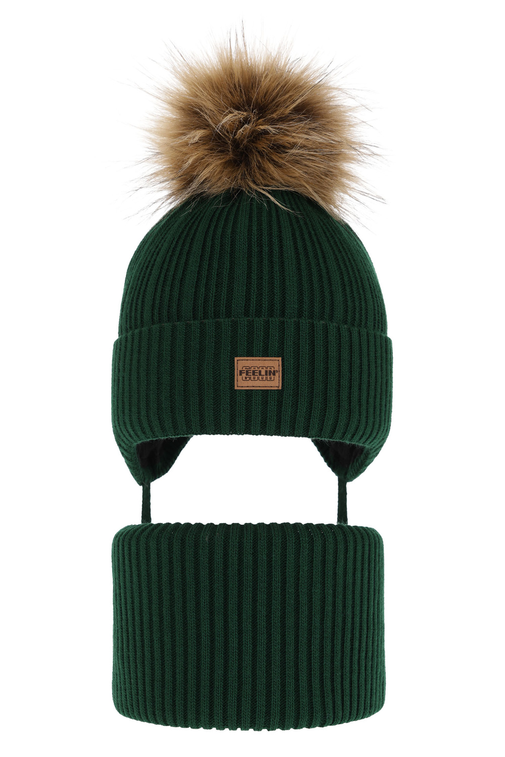 Pojke vinter set: mössa och halsduk, grön, med pompom, knytband, Eger