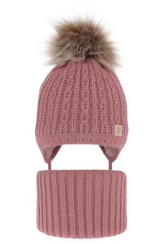 Flicka vinter set: mössa och tubhalsduk, rosa, med pompom, Passa