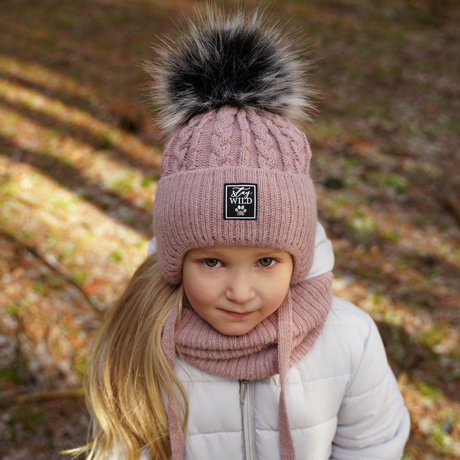 Flicka vinter set: mössa och tubhalsduk, wrzosowy, med knytband, med pompom, Melodia