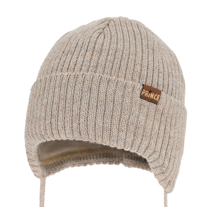Pojke vintermössa vinter, beige, med knytband, med merinull, Puser