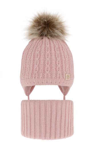 Flicka vinter set: mössa och tubhalsduk, rosa, med pompom, knytband, Passa