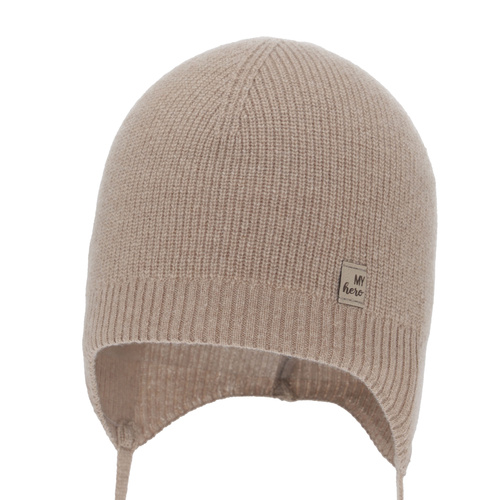 Pojke höst/vår mössa, mörkbeige, med merinull, med knytband, Tono