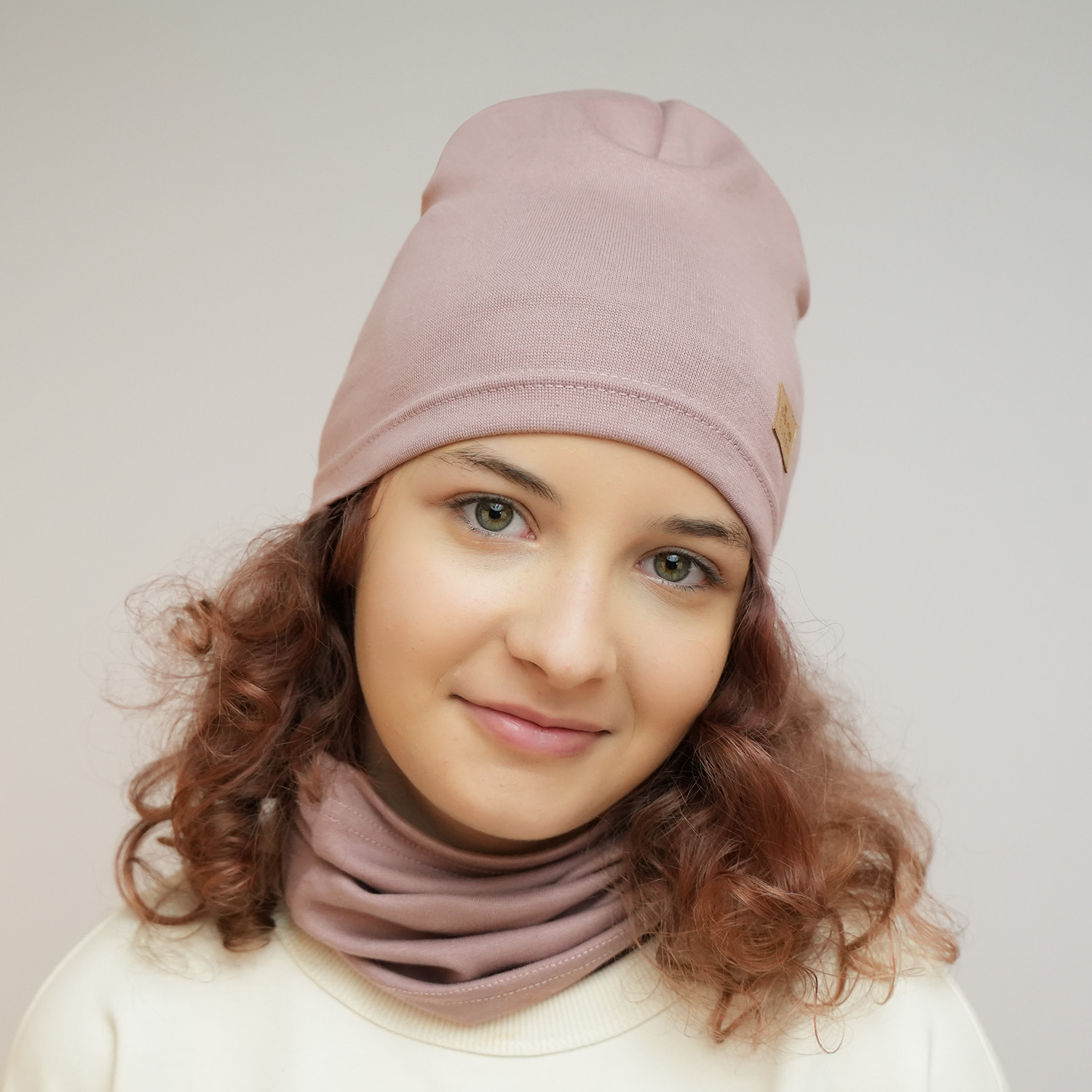 Flicka höst/vår set: mössa och tubhalsduk, rosa, bomull, Selfie