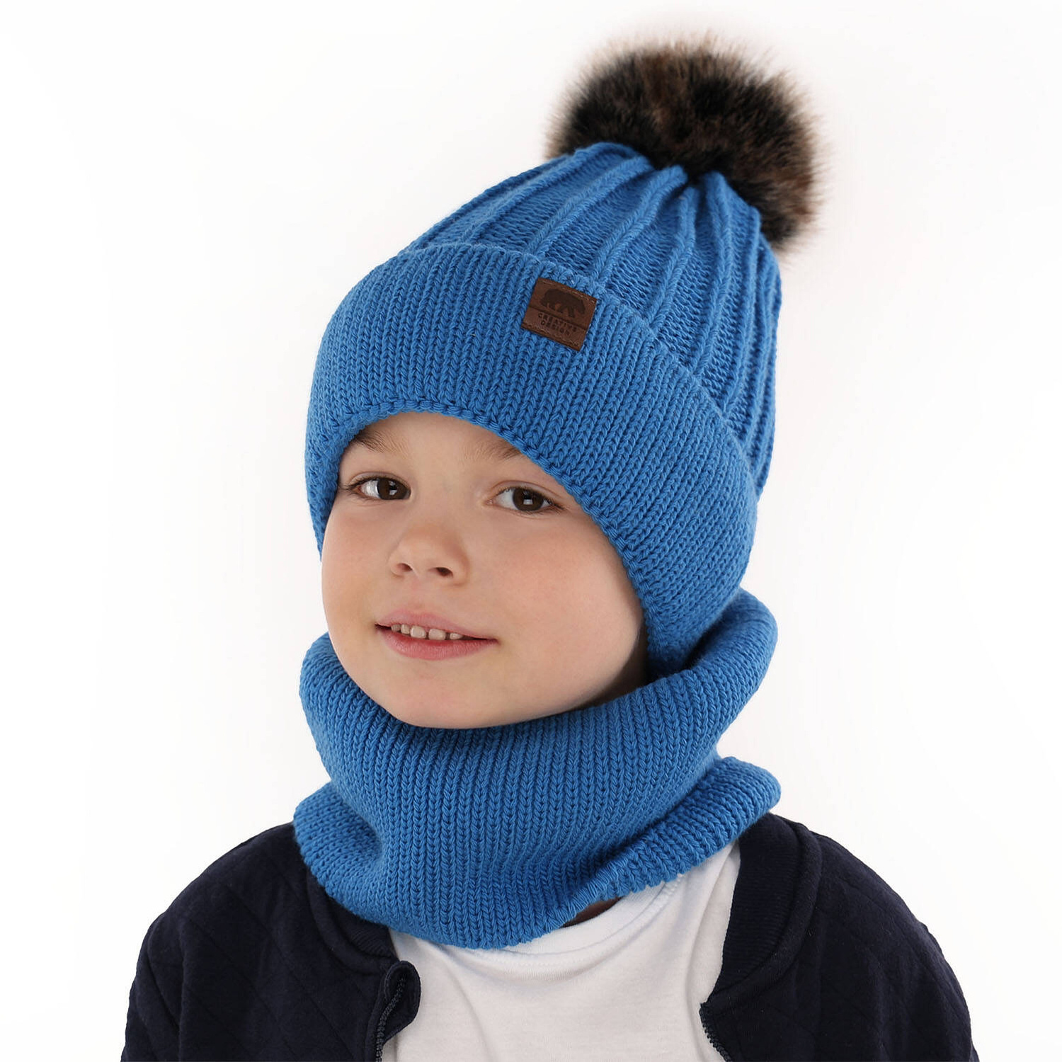 Pojke vinter set: mössa och tubhalsduk, blå, med pompom, Havier
