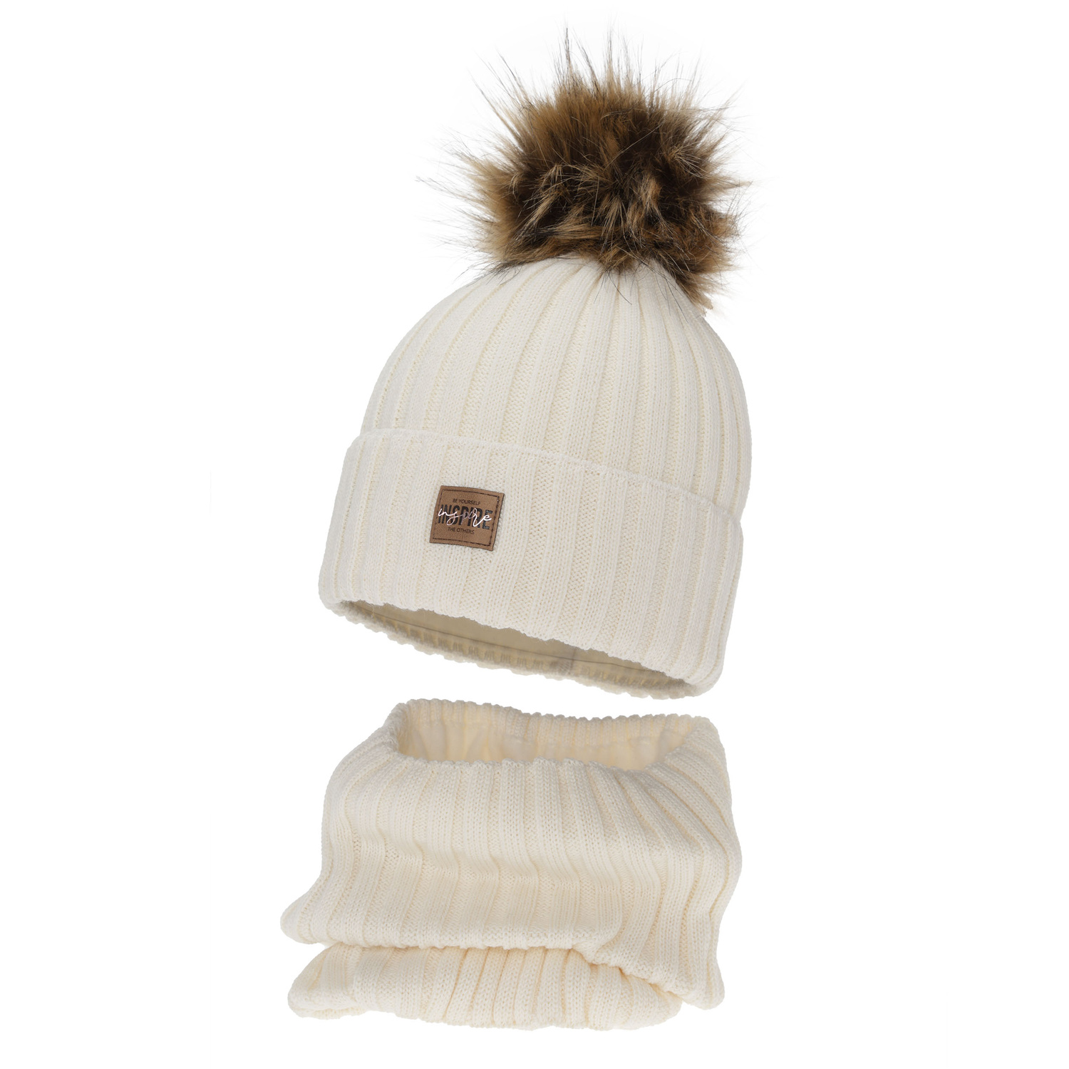 Flicka vinter set: mössa och tubhalsduk, krämvit, fodrad med fleece, med merinull, Bellina