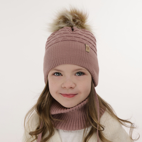 Flicka vinter set: mössa och halsduk, beige, med pompom, Egeria