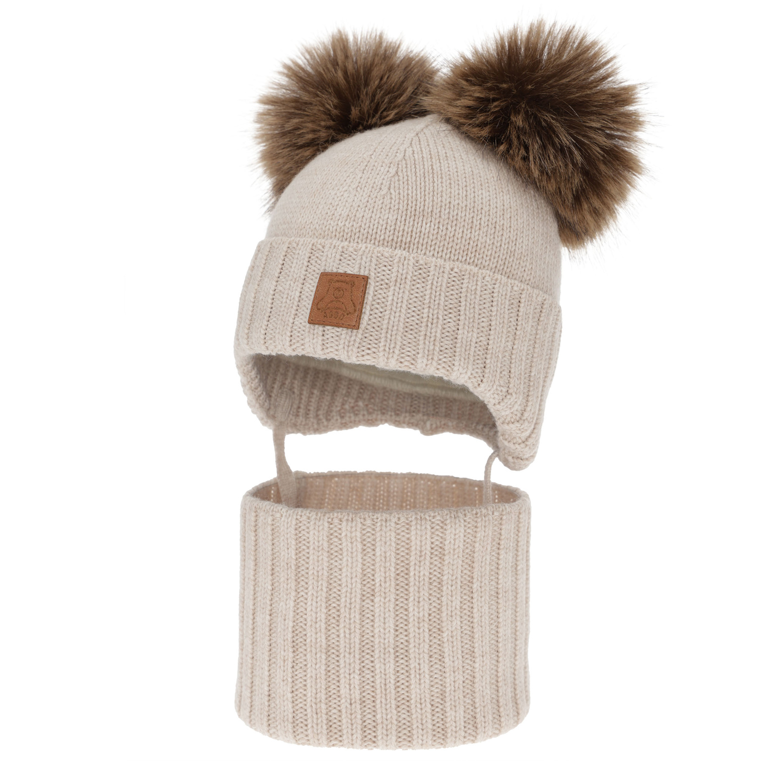Pojke mössa och tubscarf, vinter set, ljusbeige, 100% merinull, fodrad med ullfleece, Ronik