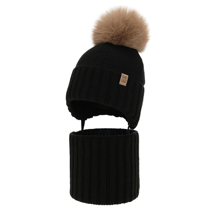 Pojke vinter set: mössa och tubhalsduk, svart, med pompom, Talens