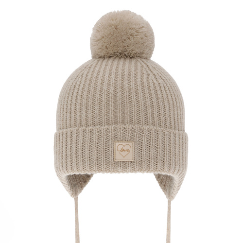 Flicka vintermössa, beige, med pompom, med merinull, fodrad med ullfleece, knytband, Hakkari
