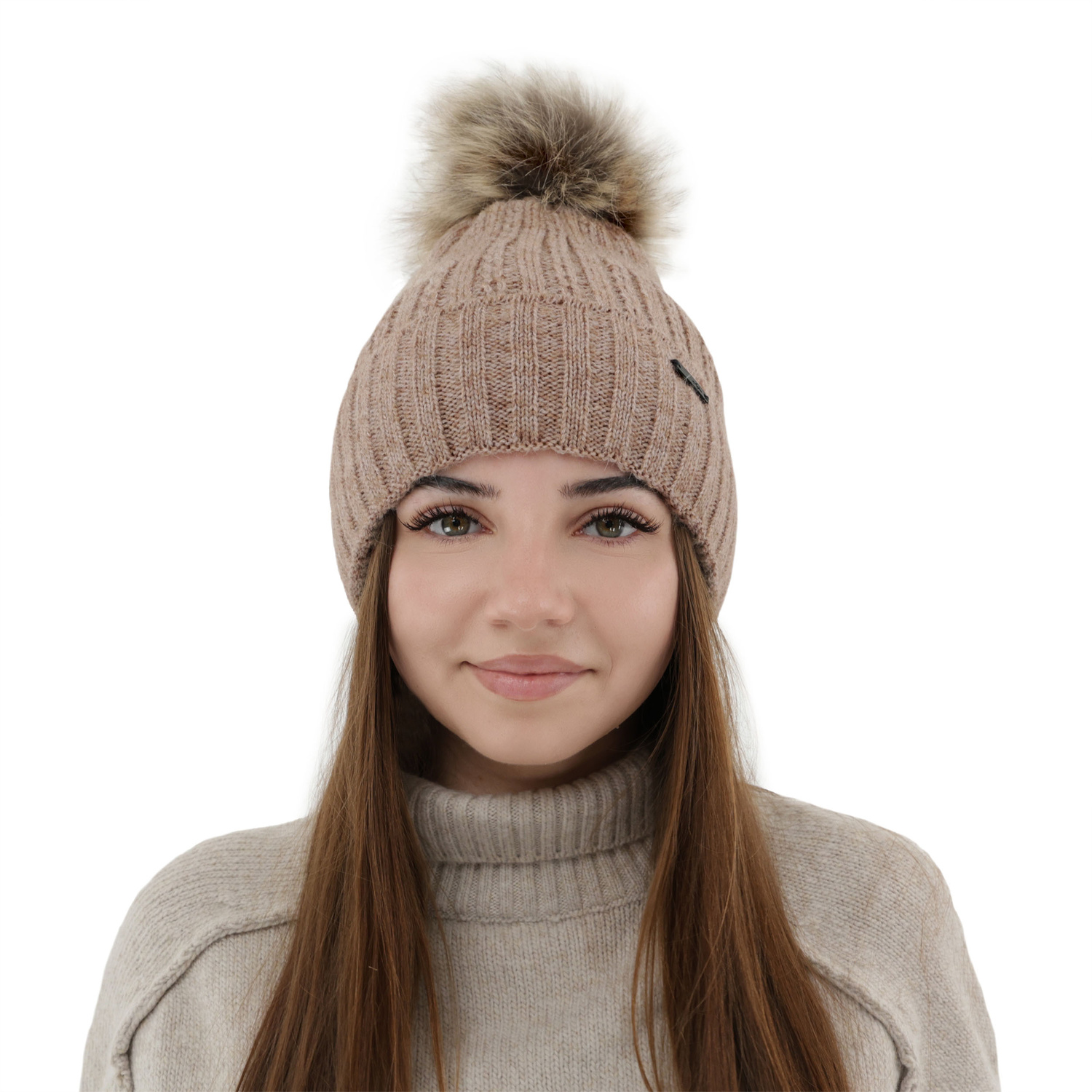 Dam vintermössa, beige, med pompom, Karizma