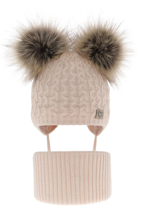 Flicka vinter set: mössa och halsduk, ljusrosa, med två pompommar, Poliana