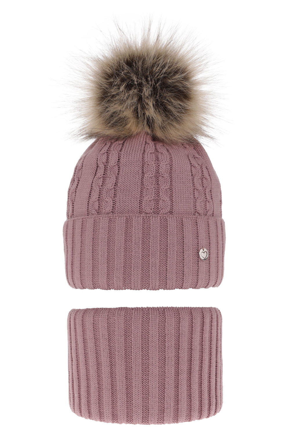 Flicka vinter set: mössa och tubhalsduk, wrzosowy, med pompom, Felia