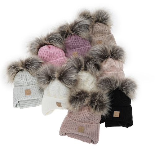 Flicka vinter set: mössa och tubhalsduk, rosa, med två pompommar, med knytband, Minsi