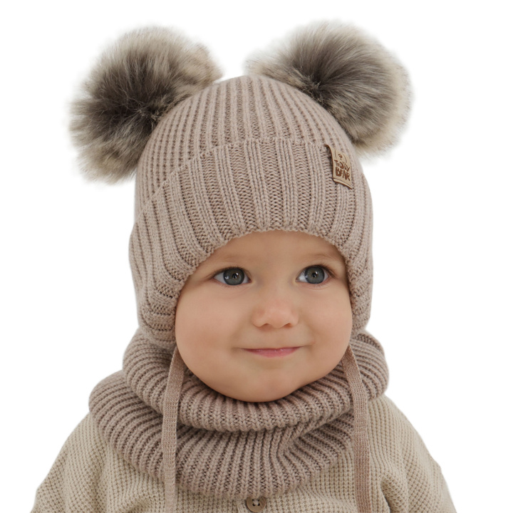 Pojke vinter set: mössa och tubhalsduk, beige, med knytband, 100% Merino Ull, Konor