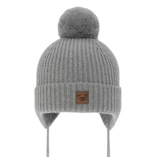 Pojke vintermössa, grå, med knytband, 100% Merino Ull, Fodrad med bomull, Tofik