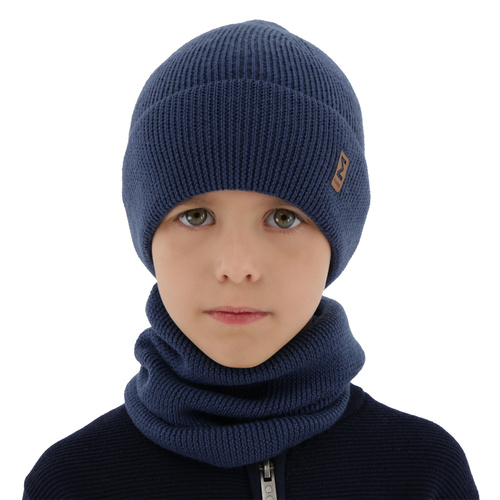 Pojke höst/vår set: mössa och tubhalsduk, blå, 100% Merino Ull, Bruce