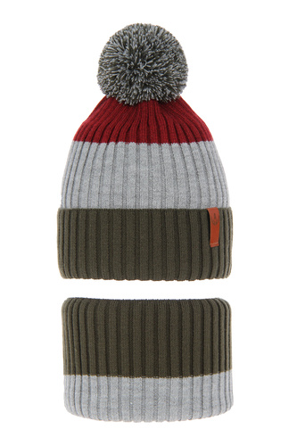 Pojke vinter set: mössa och tubhalsduk, khaki, med pompom, Karson