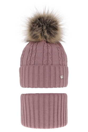 Flicka vinter set: mössa och tubhalsduk, wrzosowy, med pompom, Felia