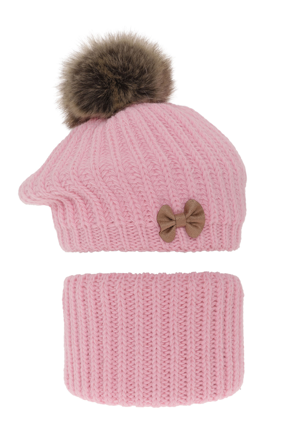Flicka vinter set: beret och tubhalsduk, rosa, med pompom, Polinezja