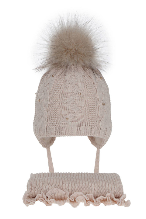 Flicka vinter set: mössa och halsduk, rosa, med pompom, Mirella