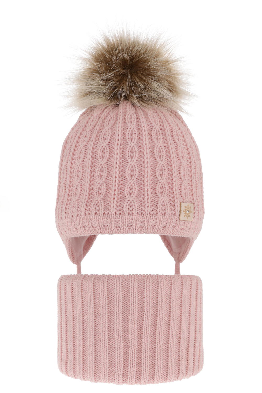 Flicka vinter set: mössa och tubhalsduk, rosa, med pompom, knytband, Passa