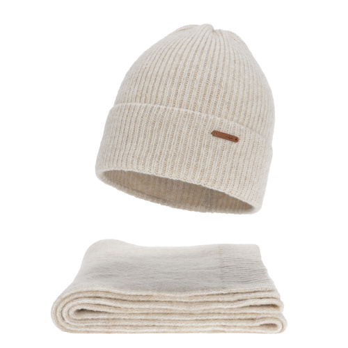 Dam vinter set: mössa och halsduk, ljusbeige, med merinull, Seala