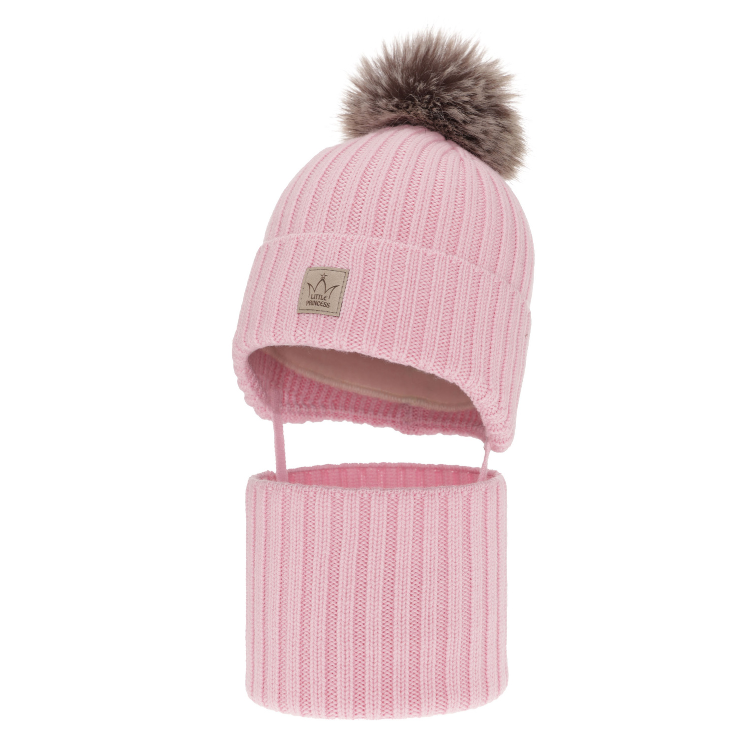 Flicka vinter set: mössa och tubhalsduk, rosa, 100% merinoull, fodrad med ullfleece, med pompom, Martina