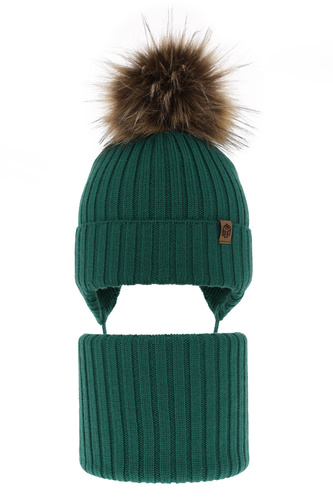 Pojke vinter set: mössa och halsduk, grön, med knytband, 100% Merino Ull, Juno