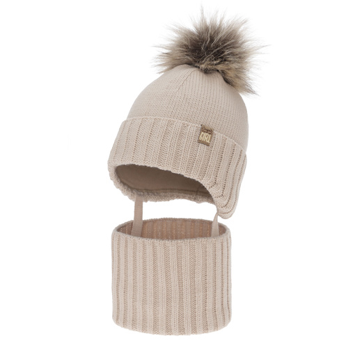 Flicka vinter set: mössa och tubhalsduk, beżowy, med pompom, Primula