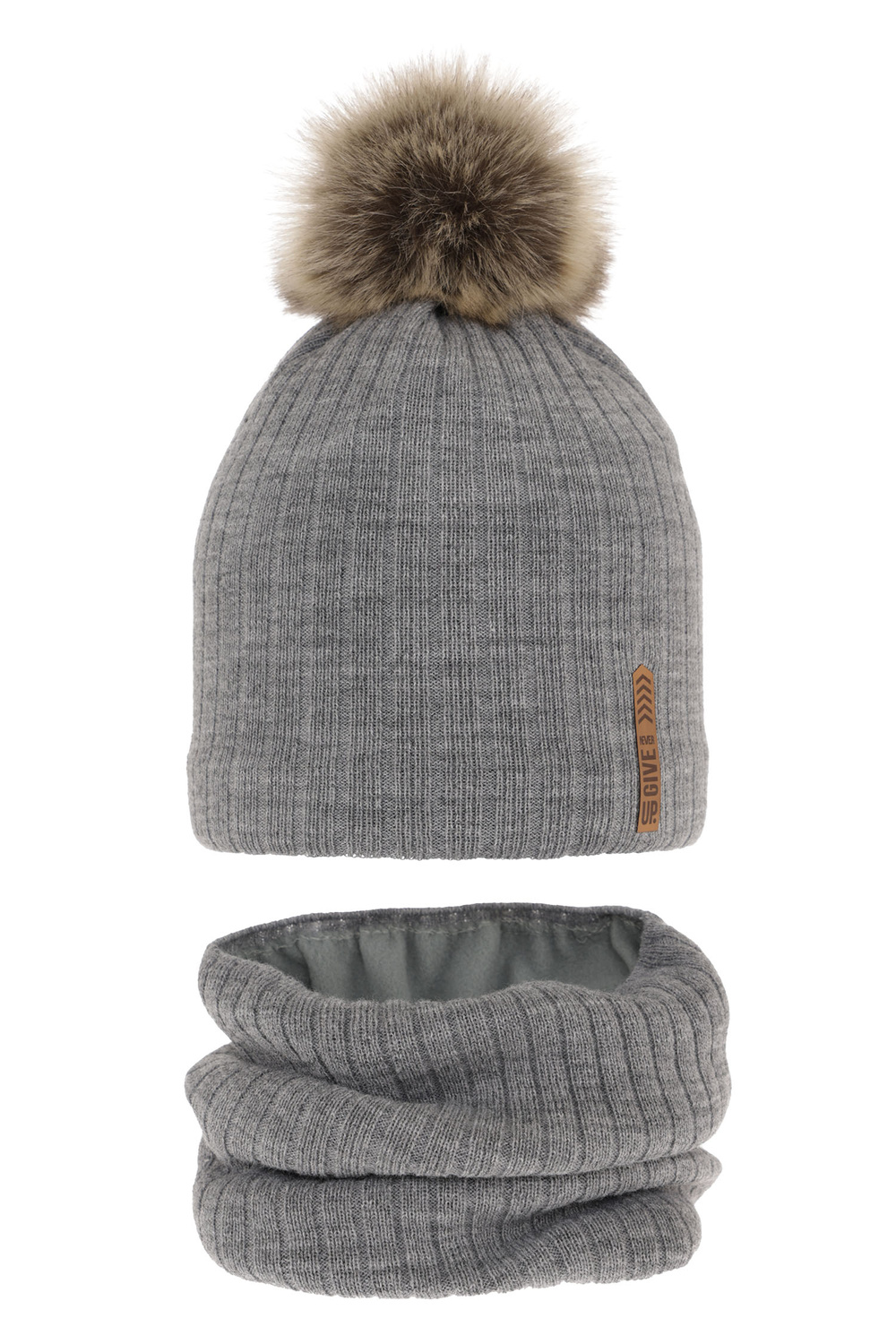 Pojke vinter set: mössa och halsduk, grå, med pompom, Kalen