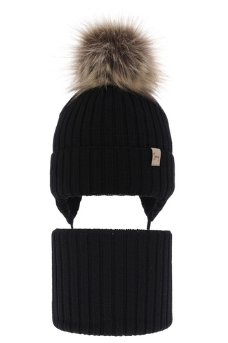 Flicka vinter set: mössa och halsduk, svart, med knytband, 100% Merino Ull, Junika