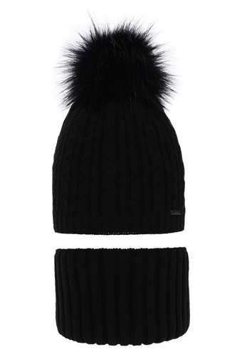 Flicka vinter set: mössa och tubhalsduk, svart, med pompom, Rima