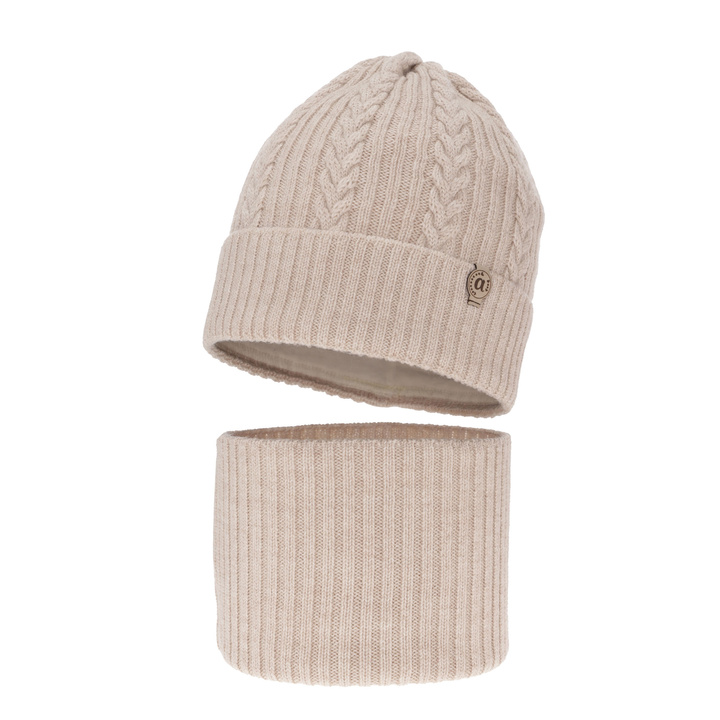 Flicka vinter set: mössa och tubhalsduk, beige, 100% Merino Ull, Jenny
