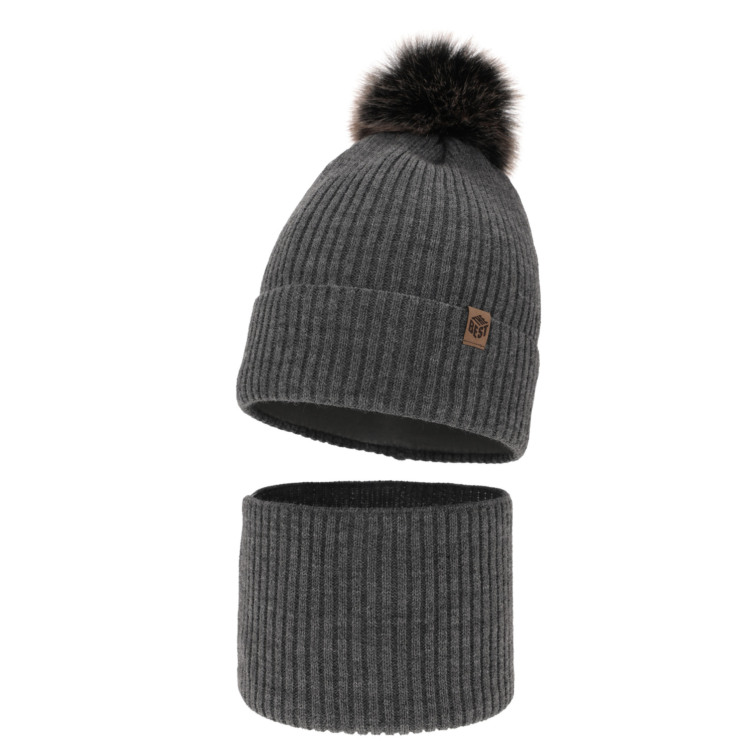 Pojke vinter set: mössa och halsduk, grå, med pompom, Wizar
