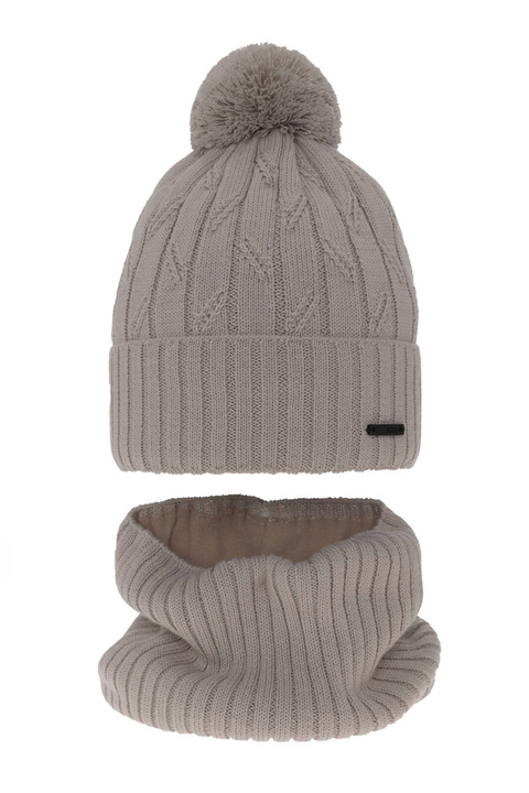 Pojke vinter set: mössa och tubhalsduk, beige, med pompom, med merinull, Talar