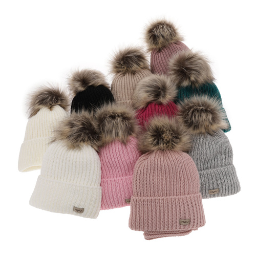 Flicka vinter set: mössa och halsduk, rosa, med pompom, Willow